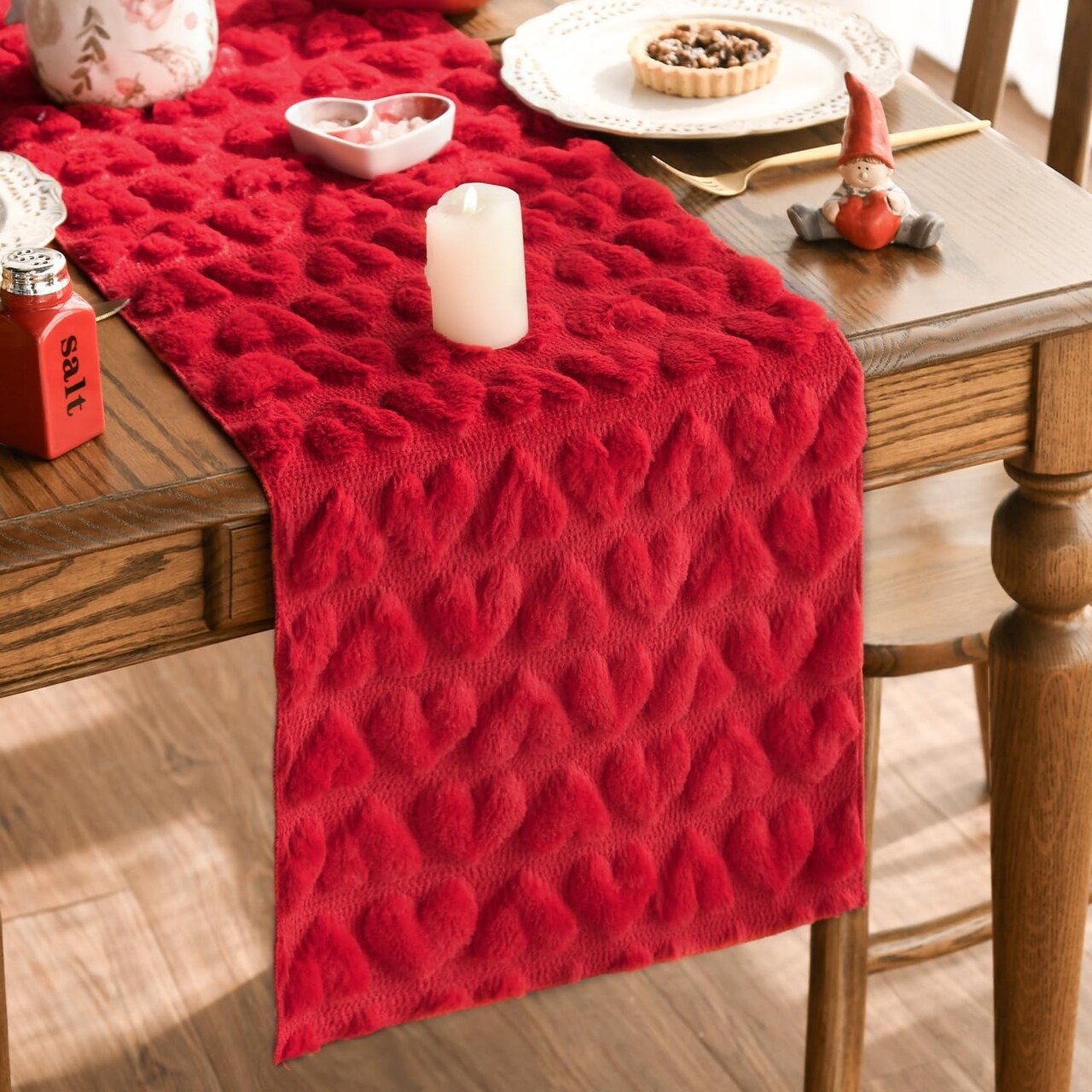Red Soft Plush Faux Fur Jacquard Heart Table Runner – Valentine’s Day, Seasonal Kitchen & Dining Table Decor for Home Parties, 13 x 72 Inch